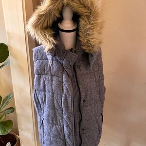 Banana Republic Blue Quilted Vest with Removable Faux Fur Hood